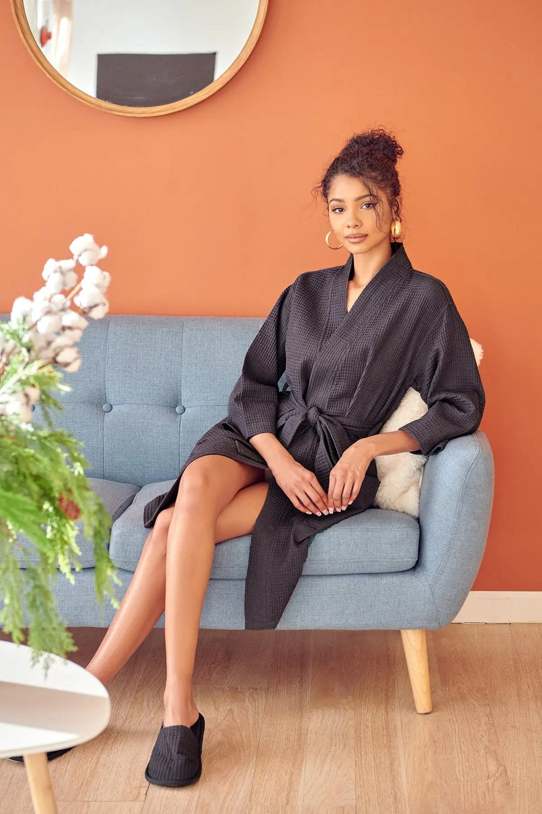 Women's Waffle Kimono Knee Length Robe by Lotus Linen