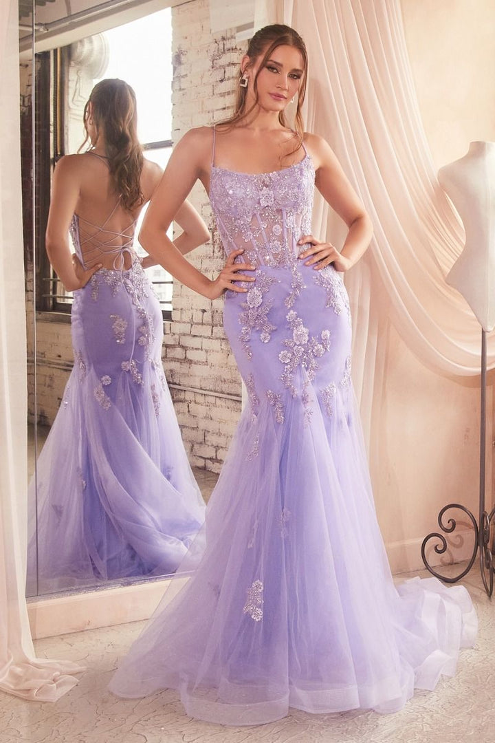 Embellished Pastel Open Back Sheer Bodice Mermaid Long Prom Dress CDD145