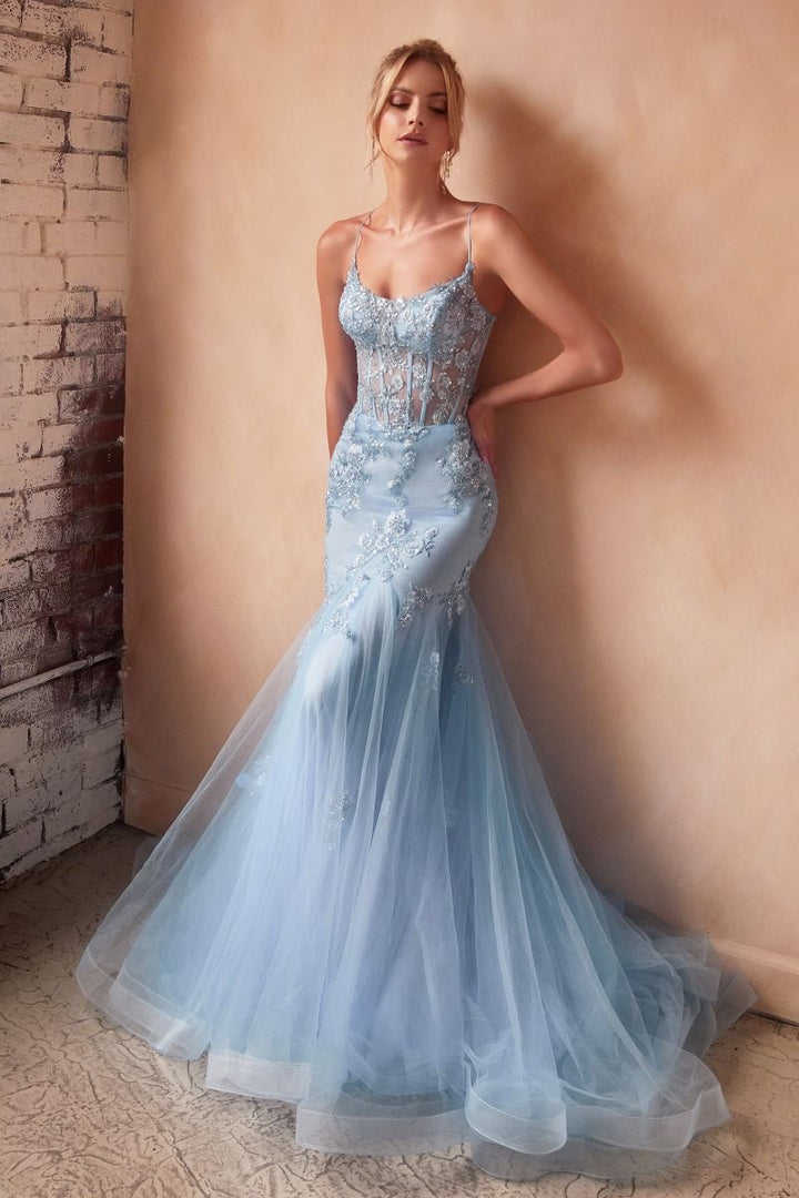 Embellished Pastel Open Back Sheer Bodice Mermaid Long Prom Dress CDD145