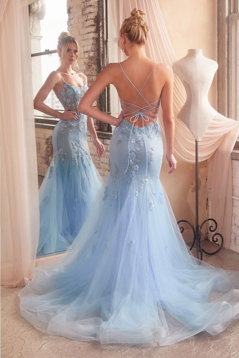 Embellished Pastel Open Back Sheer Bodice Mermaid Long Prom Dress CDD145