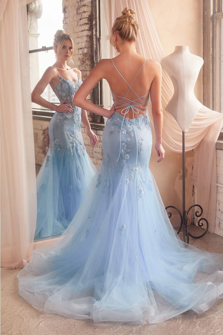 Embellished Pastel Open Back Sheer Bodice Mermaid Long Prom Dress CDD145