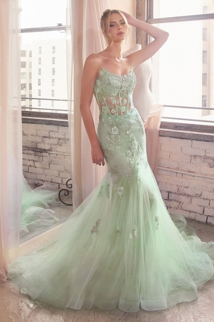 Embellished Pastel Open Back Sheer Bodice Mermaid Long Prom Dress CDD145