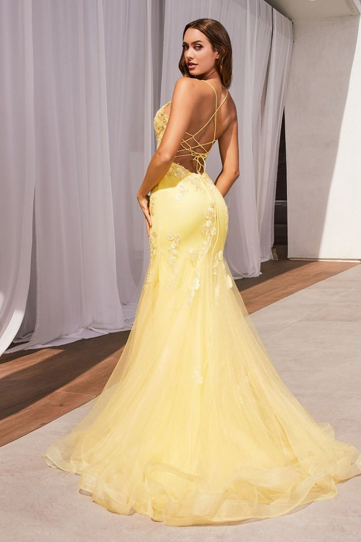Embellished Pastel Open Back Sheer Bodice Mermaid Long Prom Dress CDD145
