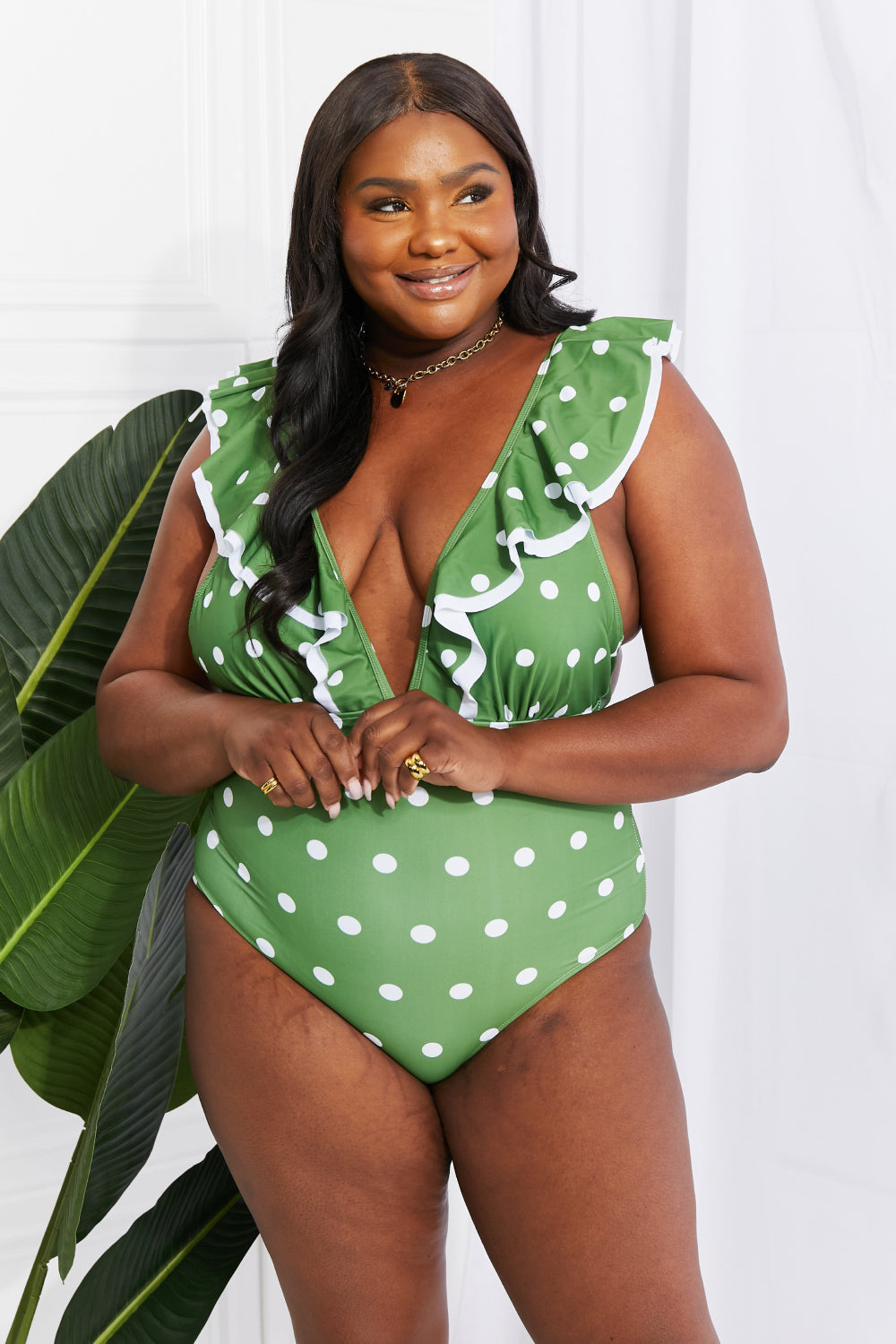 Moonlit Dip Ruffle Plunge Swimsuit in Mid Green by BYNES NEW YORK | Apparel & Accessories
