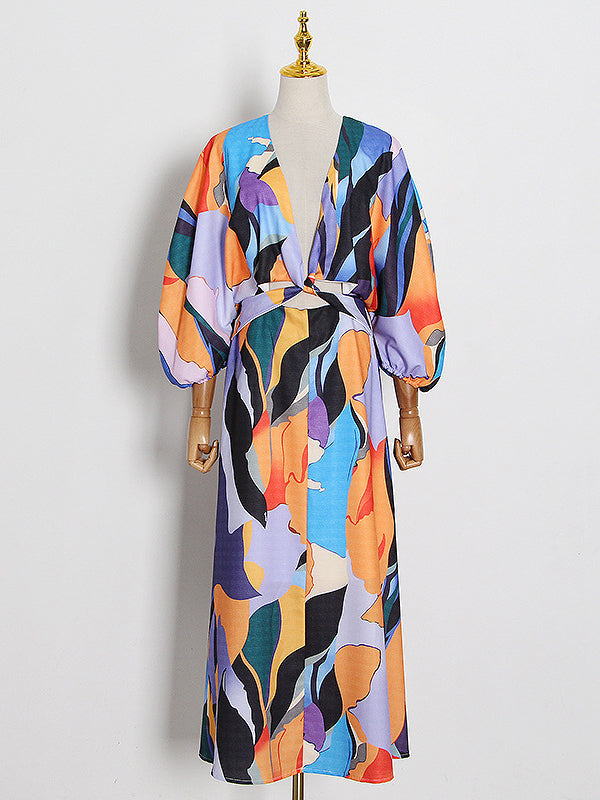 Original Puff Sleeves Loose Contrast Color Printed Deep V-Neck Maxi Dresses by migunica