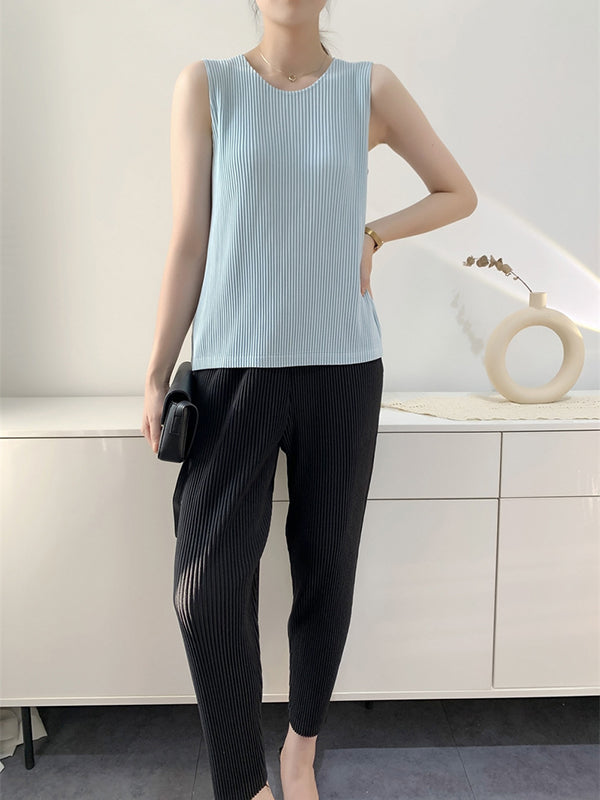 Casual Sleeveless Pleated Solid Color Round-Neck Vest Top by migunica