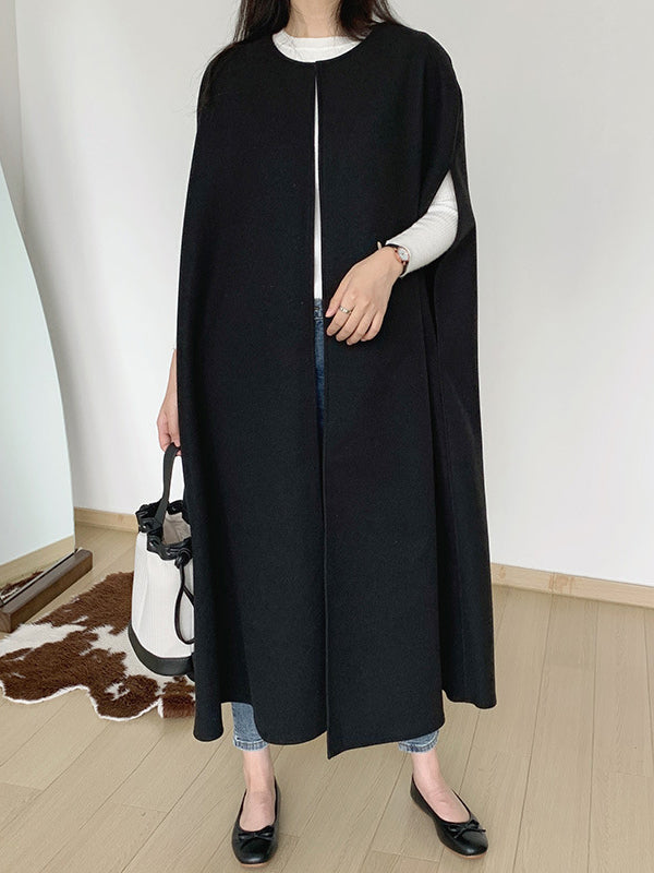Loose Sleeveless Solid Color Round-Neck Cape Outerwear by migunica