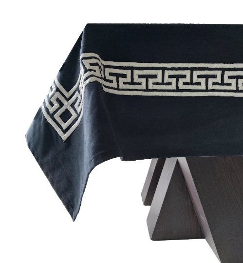 Table Cloth, Navy Blue Cotton Table Linen, Gray Greek Key Embroidery, Party Table Linen, Housewarming Gift