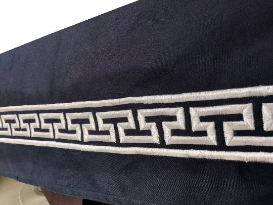 Table Cloth, Navy Blue Cotton Table Linen, Gray Greek Key Embroidery, Party Table Linen, Housewarming Gift by Amore Beauté