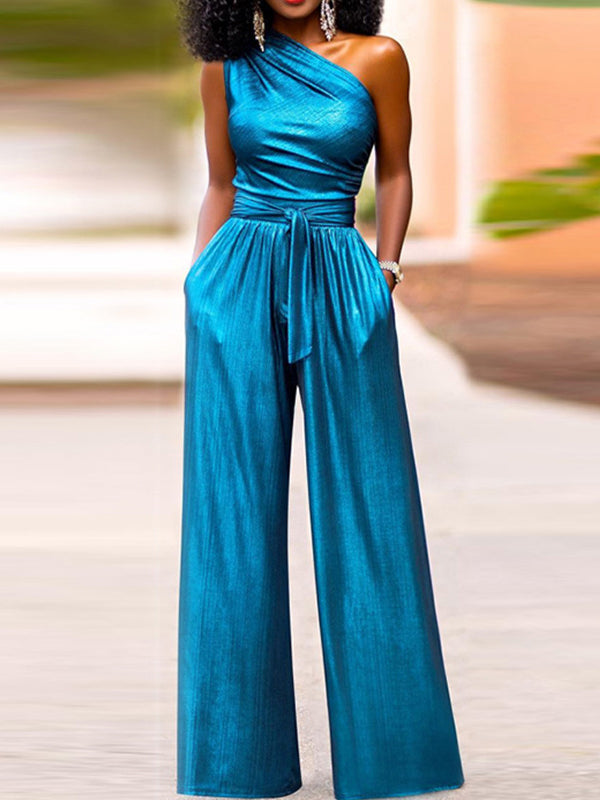 High Waisted Wide Leg Solid Color One-Shoulder Jumpsuits by migunica