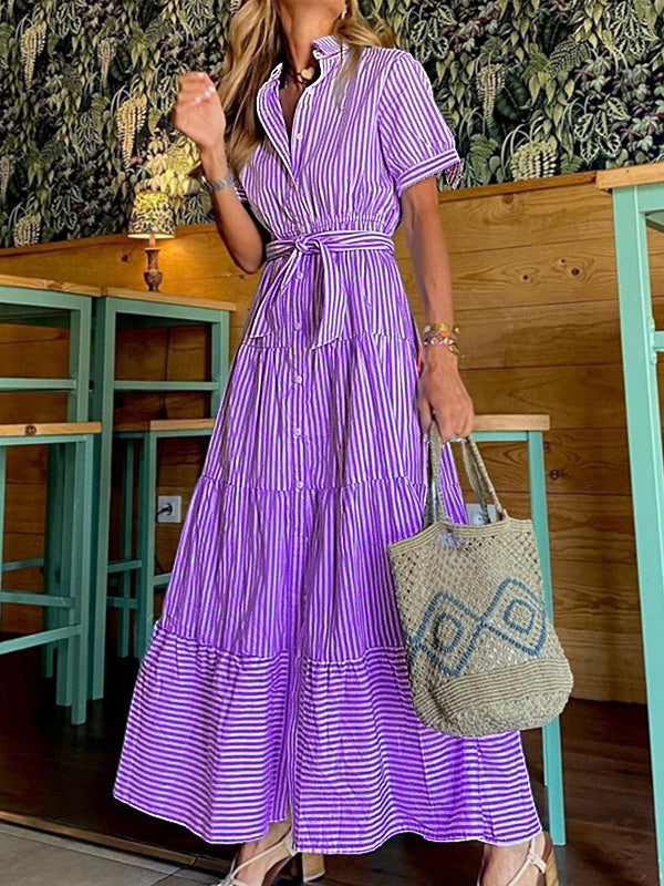 Loose Short Sleeves Striped Lapel Maxi Dresses by migunica