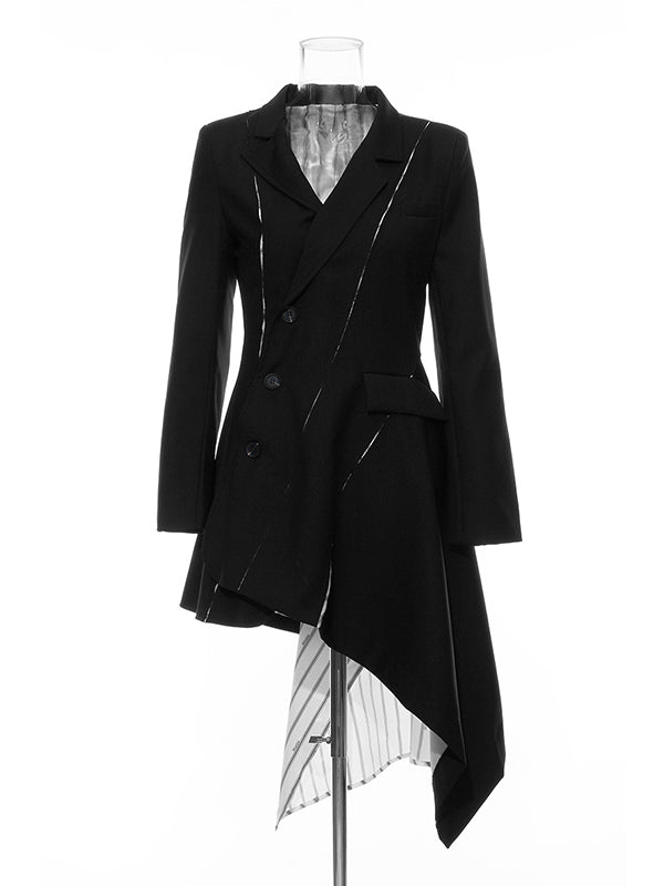 Casual Skinny Long Sleeves Striped Split-Joint Lapel Collar Blazer Mini Dresses by migunica