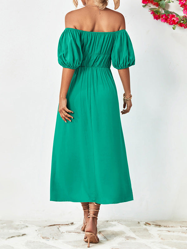 Loose Short Sleeves Solid Color Off-The-Shoulder Midi Dresses by migunica