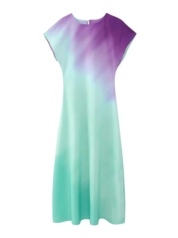 Sleeveless Wrap Contrast Color Gradient Zipper Round-Neck Maxi Dresses by migunica