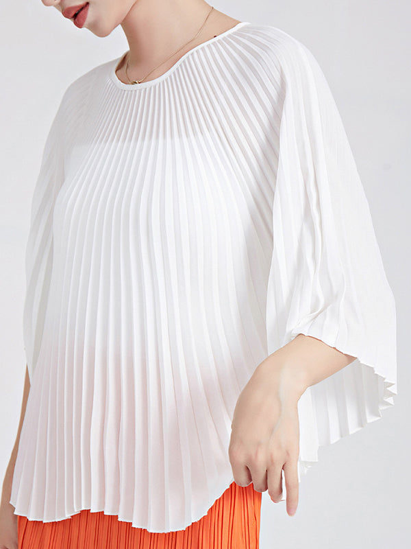 Batwing Sleeves Loose Pleated Solid Color Round-Neck T-Shirts Tops by migunica