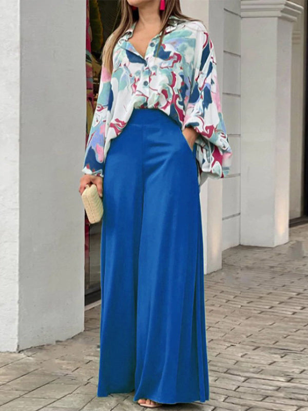 Long Sleeves Floral Printed Blouses + High-Waisted Solid Color Wide Leg Pants Trousers Two Pieces Set by migunica