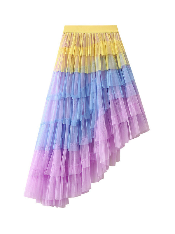 A-Line High-Low Contrast Color Elasticity Gauze Gradient Pleated Split-Joint Tiered Skirts by migunica