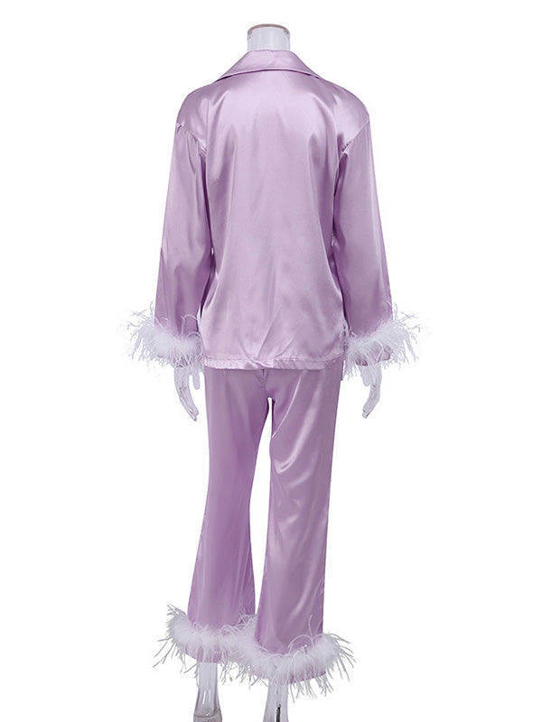 Long Sleeves Buttoned Feathers Split-Joint Notched Collar Shirts Top + Pants Bottom Pajama Sets by migunica