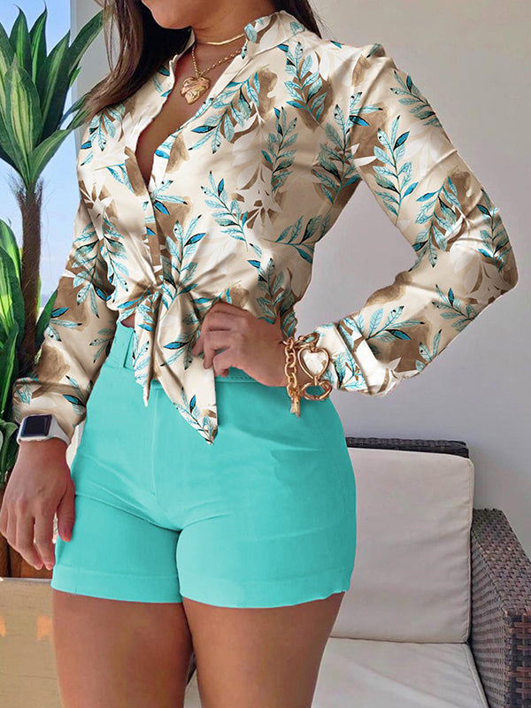 Long Sleeves Buttoned Leaves Print Deep V-Neck Shirts Top +Belted Shorts Bottom Two Pieces Set by migunica