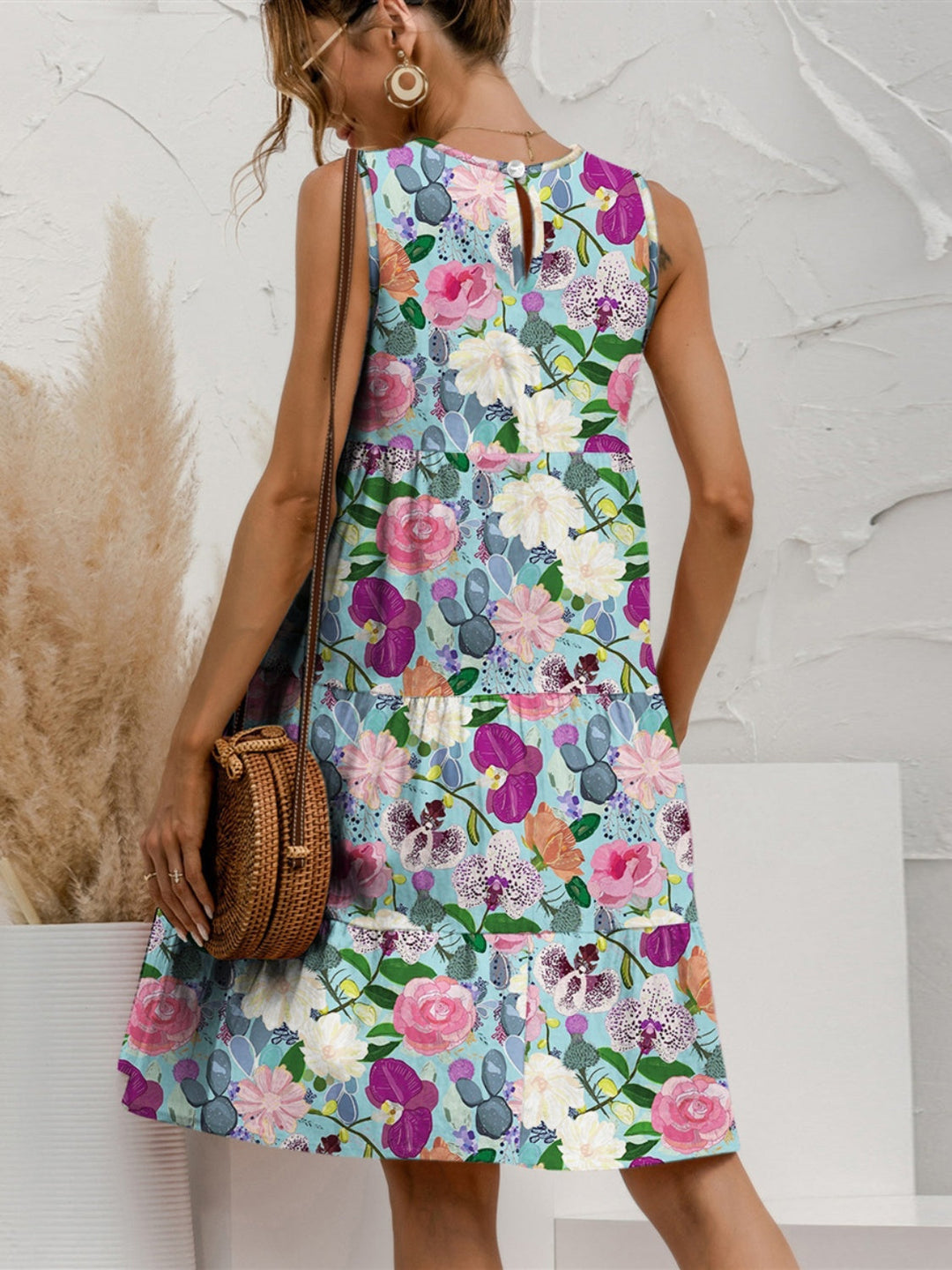 Printed Round Neck Sleeveless Tiered Dress by Coco Charli