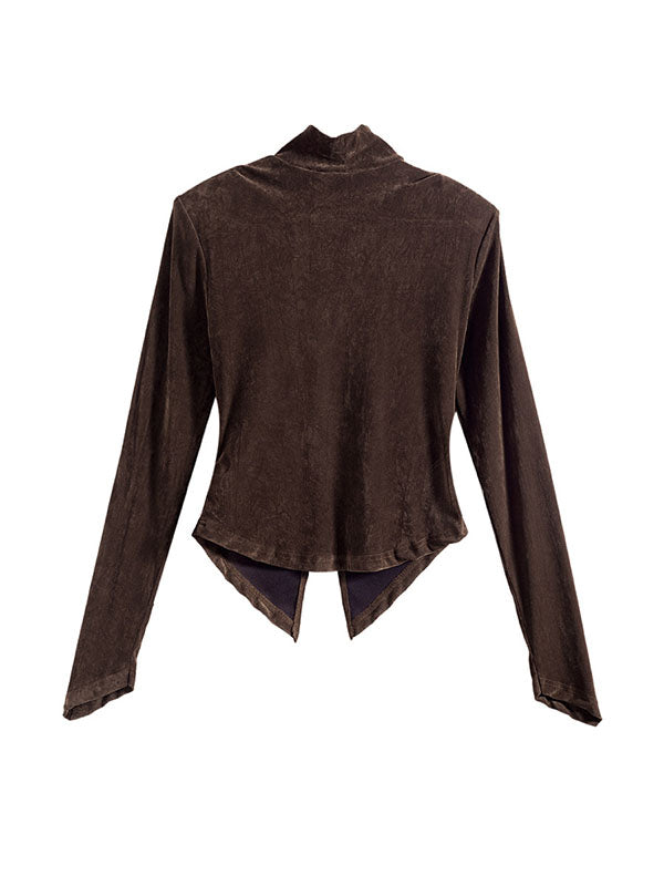 High-Low Long Sleeves Solid Color Split-Front Velvet Mock Neck T-Shirts Tops by migunica