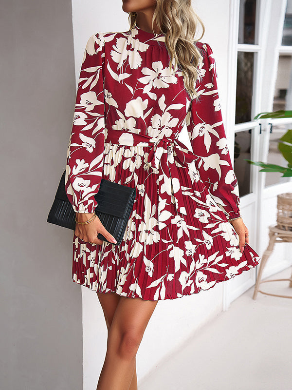 High Waisted Long Sleeves Flower Print Pleated Tied Waist Mock Neck Mini Dresses by migunica