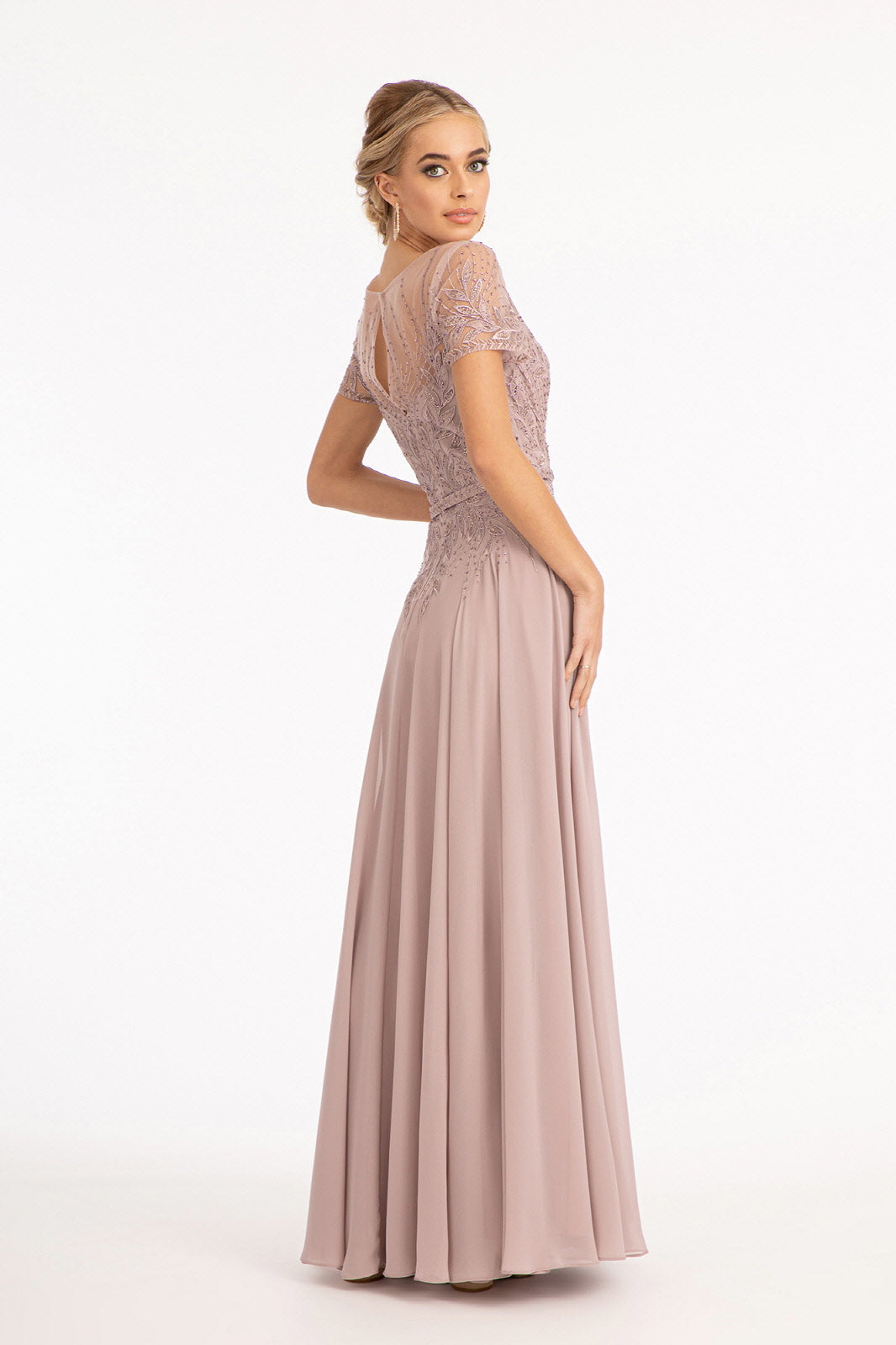 Embroidered Chiffon A-line Short Sleeves and Waistband Long Mother Of The Bride Dress GLGL3067