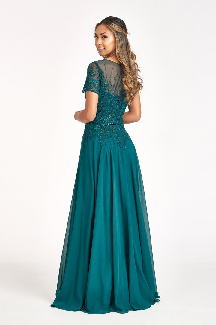 Embroidered Chiffon A-line Short Sleeves and Waistband Long Mother Of The Bride Dress GLGL3067