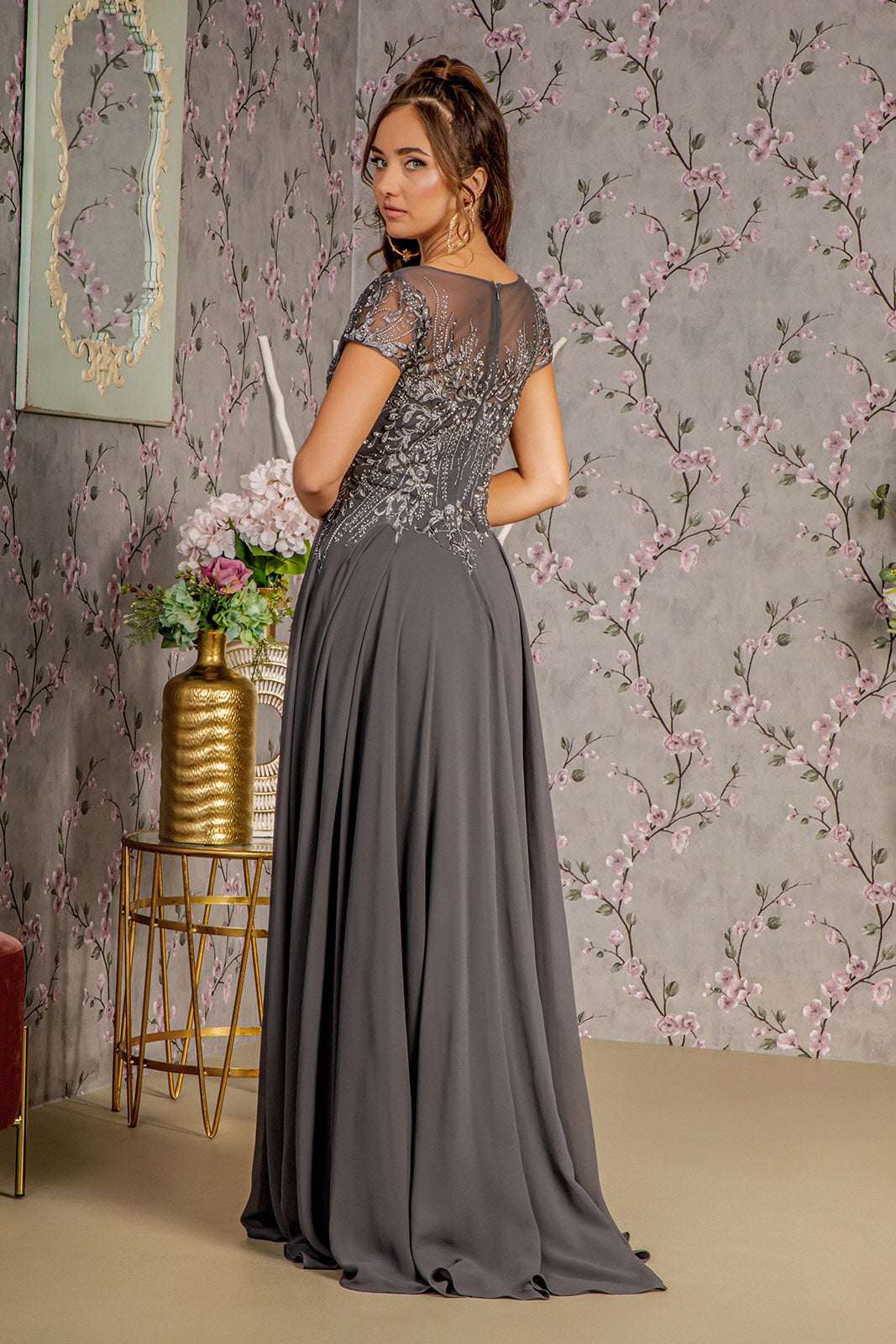 Bead Embroidery Sheer Neckline Chiffon A-line Long Mother Of The Bride Dress GLGL3362