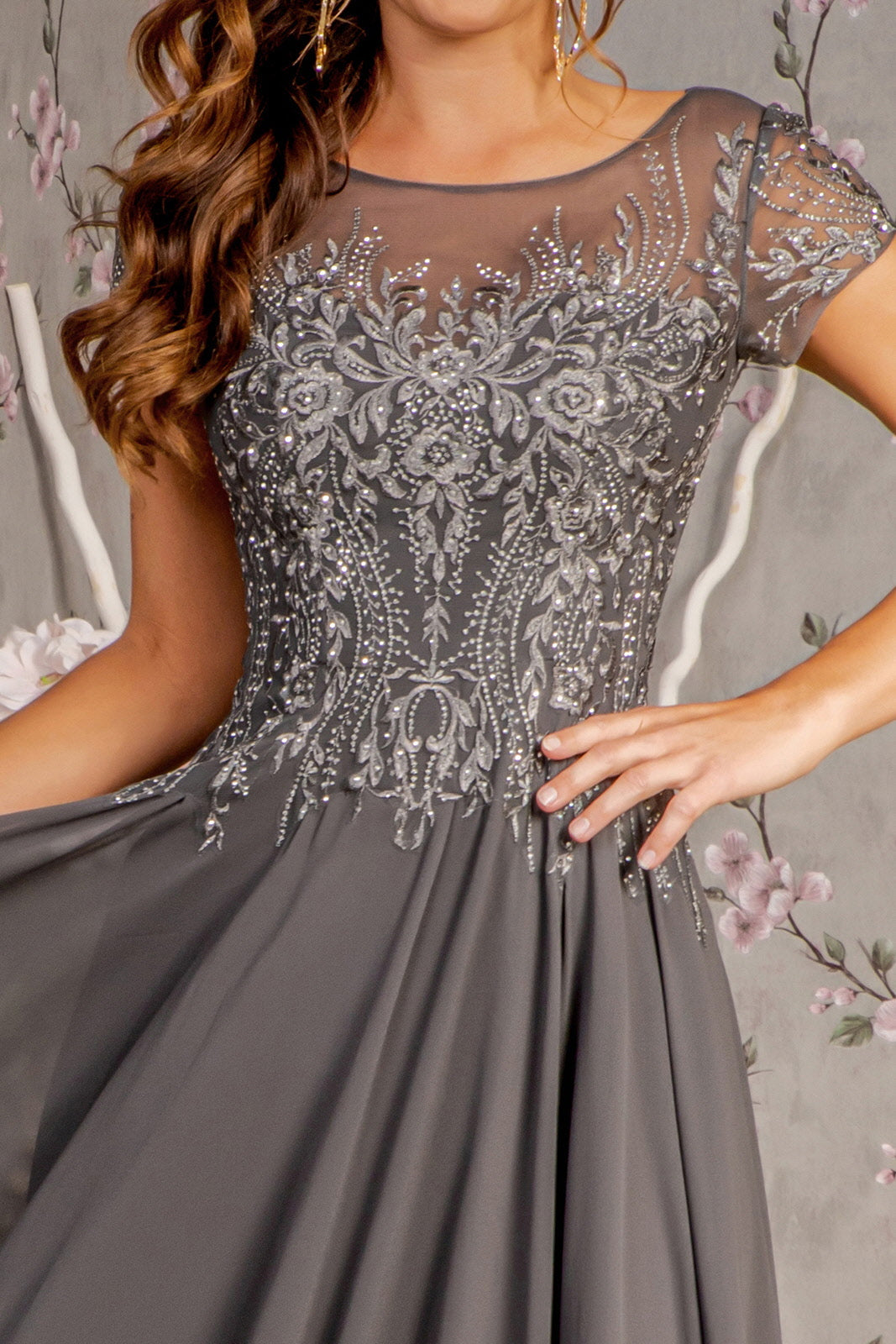 Bead Embroidery Sheer Neckline Chiffon A-line Long Mother Of The Bride Dress GLGL3362