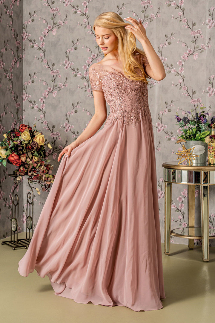 Bead Embroidery Sheer Neckline Chiffon A-line Long Mother Of The Bride Dress GLGL3362