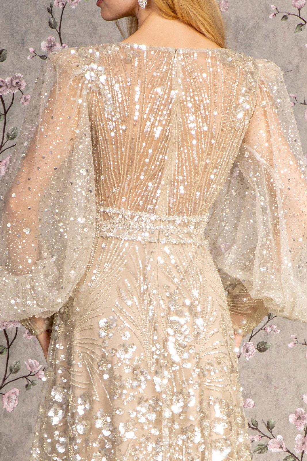 Bead Sheer Bodice Mesh A-line w/ Sheer Puff Sleeves Long Mother Of The Bride Dress GLGL3497