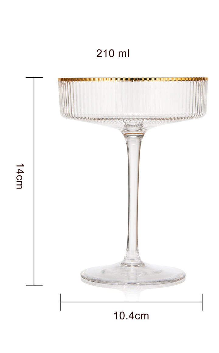 Ribbed Coupe Cocktail Glasses With Gold Rim 8 oz | Set of 2 | Classic Manhattan Glasses For Cocktails, Champagne Coupe, Ripple Coupe Glasses, Art Deco Gatsby Vintage, Crystal with Stems by The Wine Savant
