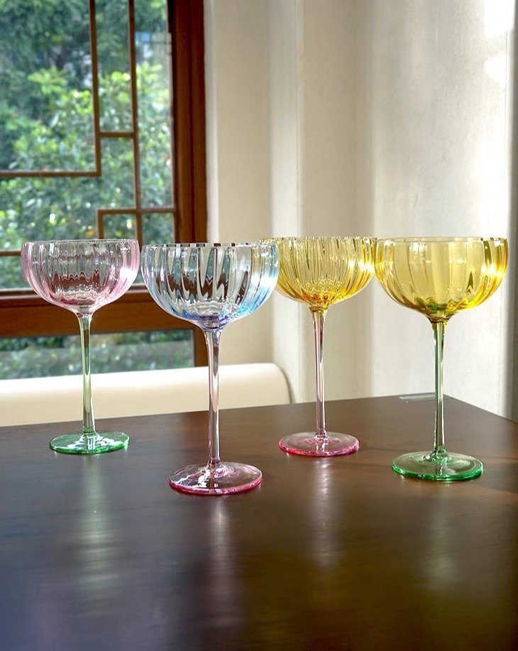 Hand Blown Retro Pastel Colored Coupe Cocktail Glasses Set of 4 ( $22.5 Each ) - Retro Colored Coupe Cocktail Glasses Set of 4 - INSPECIAL HOME