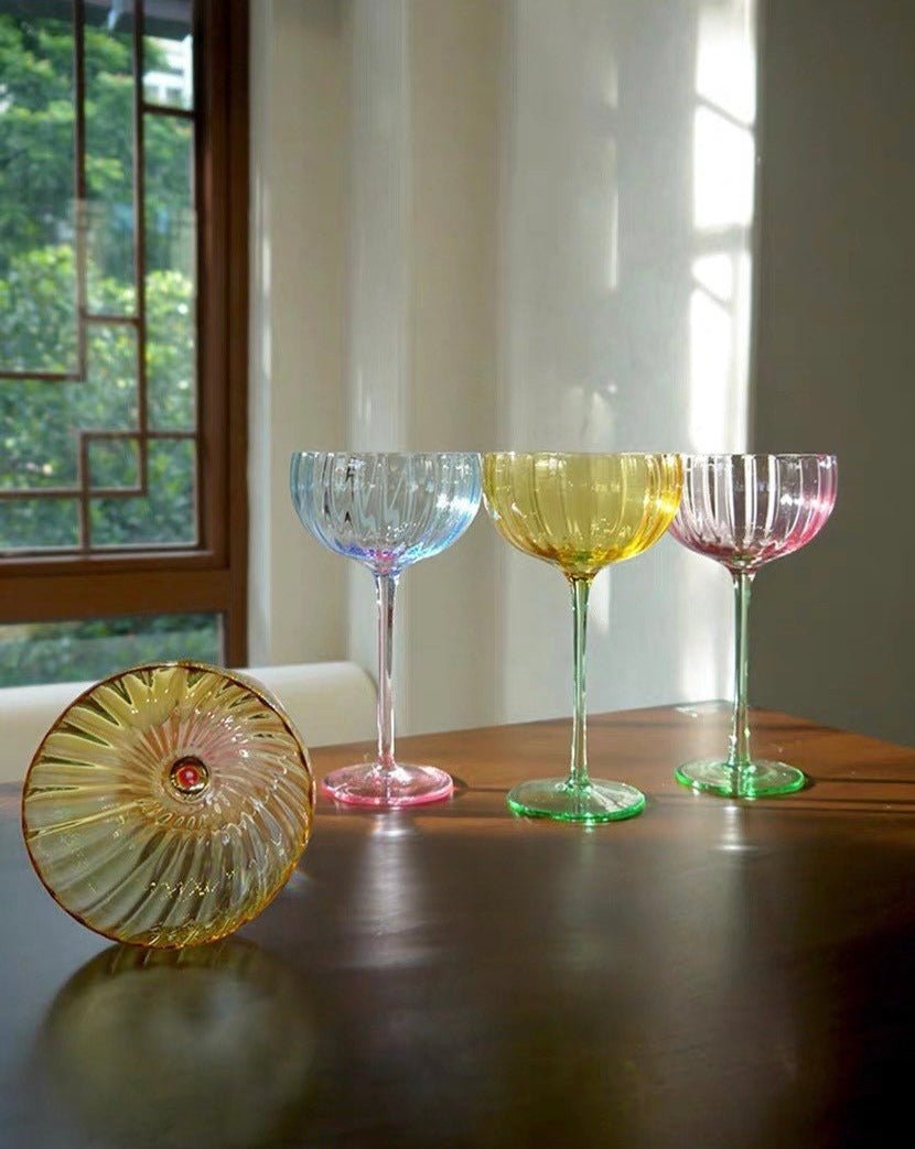 Hand Blown Retro Pastel Colored Coupe Cocktail Glasses Set of 4 ( $22.5 Each ) - Retro Colored Coupe Cocktail Glasses Set of 4 - INSPECIAL HOME