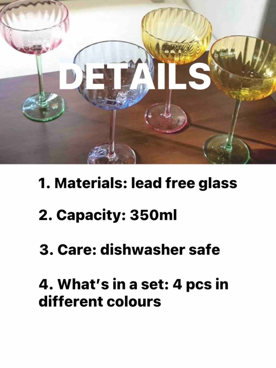 Hand Blown Retro Pastel Coloured Cocktail Glasses Coupe Set of 4 ( $22.5 Each ) - Retro Colored Coupe Cocktail Glasses Set of 4 - Estelle Colored Glass