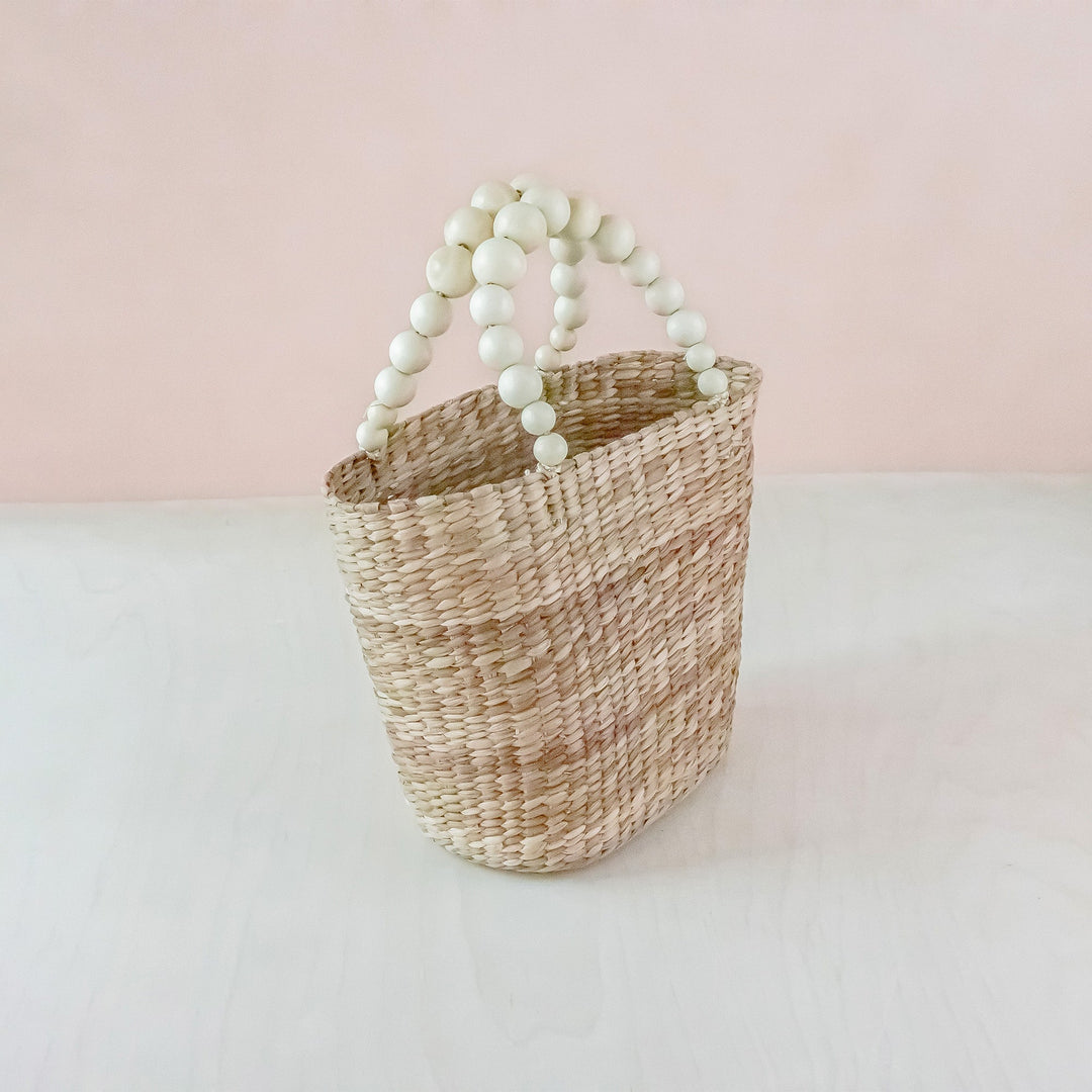 Natural Small Market Tote Bag with Wood Bead Handles - Modern Woven Tote | LIKHÂ by LIKHÂ
