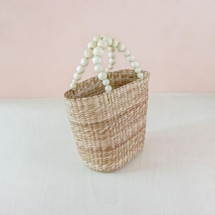 Natural Small Market Tote Bag with Wood Bead Handles - Modern Woven Tote | LIKHÂ by LIKHÂ