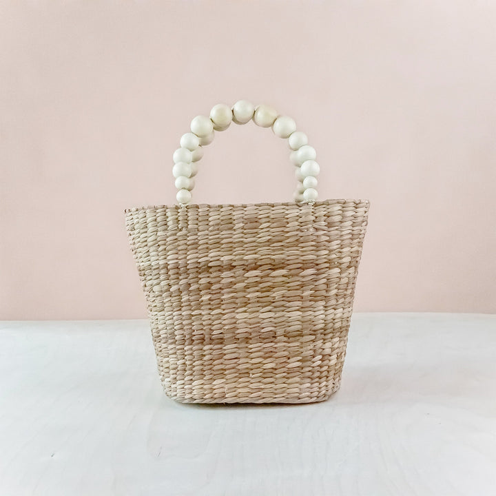 Natural Small Market Tote Bag with Wood Bead Handles - Modern Woven Tote | LIKHÂ by LIKHÂ