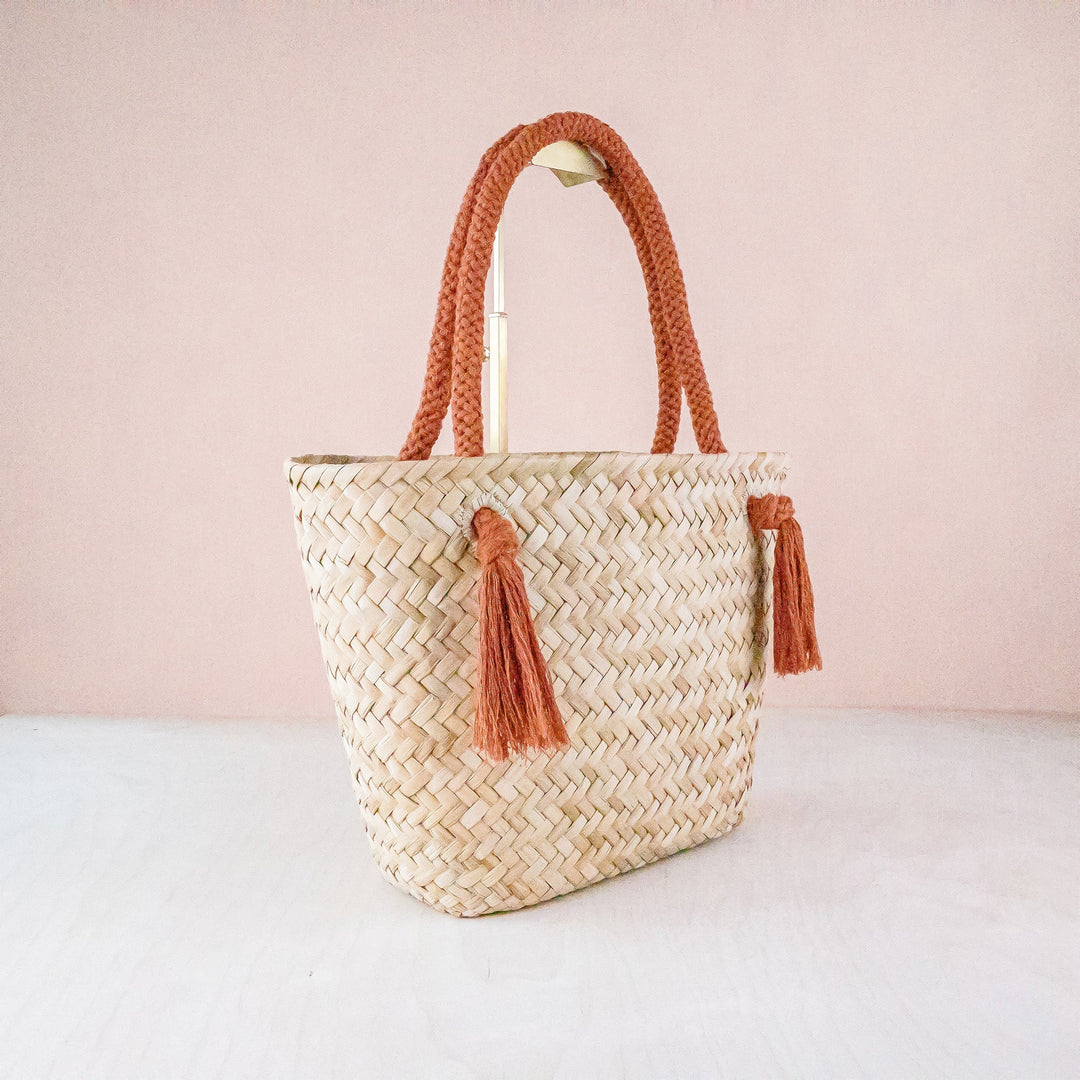 Rust Modern Woven Tote with Unique Handles - Straw Tote Bags | LIKHÂ by LIKHÂ