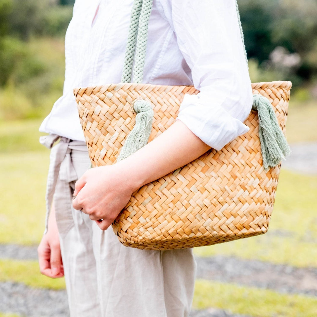 Sage Seagrass Tote Bag with Wrapped Handles - Market Tote | LIKHÂ by LIKHÂ