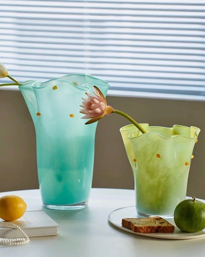 Handblown Wavy Whimsical Glass Vase - Eclectic Table Setting Centrepieces - Vases - Wavy Whimsical Glass Vase - Green Lagoon - INSPECIAL HOME