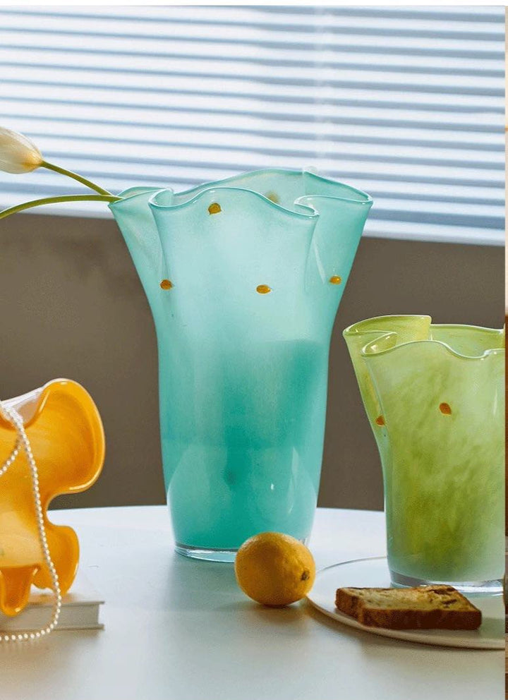 Handblown Wavy Whimsical Glass Vase - Eclectic Table Setting Centrepieces - Vases - Wavy Whimsical Glass Vase - Green Lagoon - INSPECIAL HOME