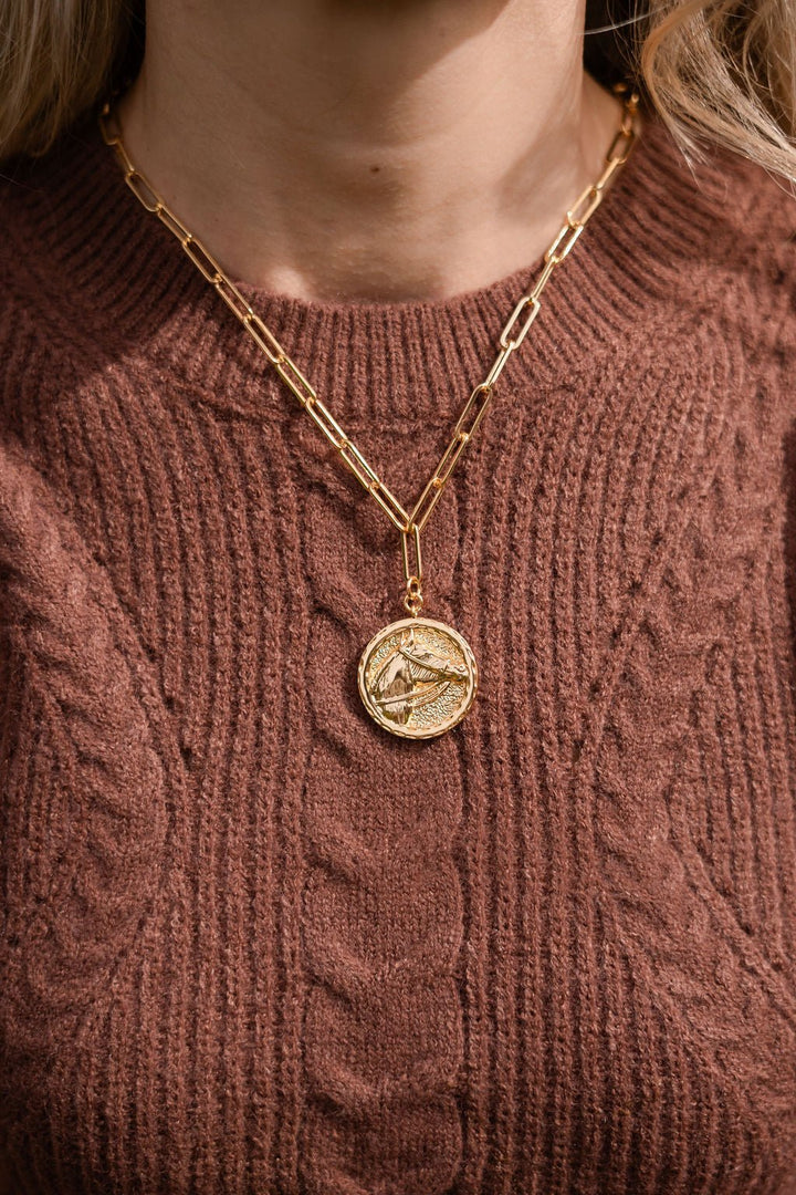 Horsehead Disc Charm Necklace - Paperclip Chain - 18k Gold Plated
