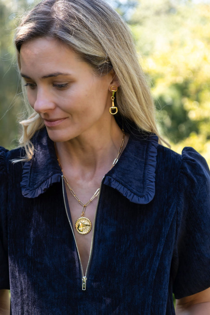 Horsehead Disc Charm Necklace - Paperclip Chain - 18k Gold Plated