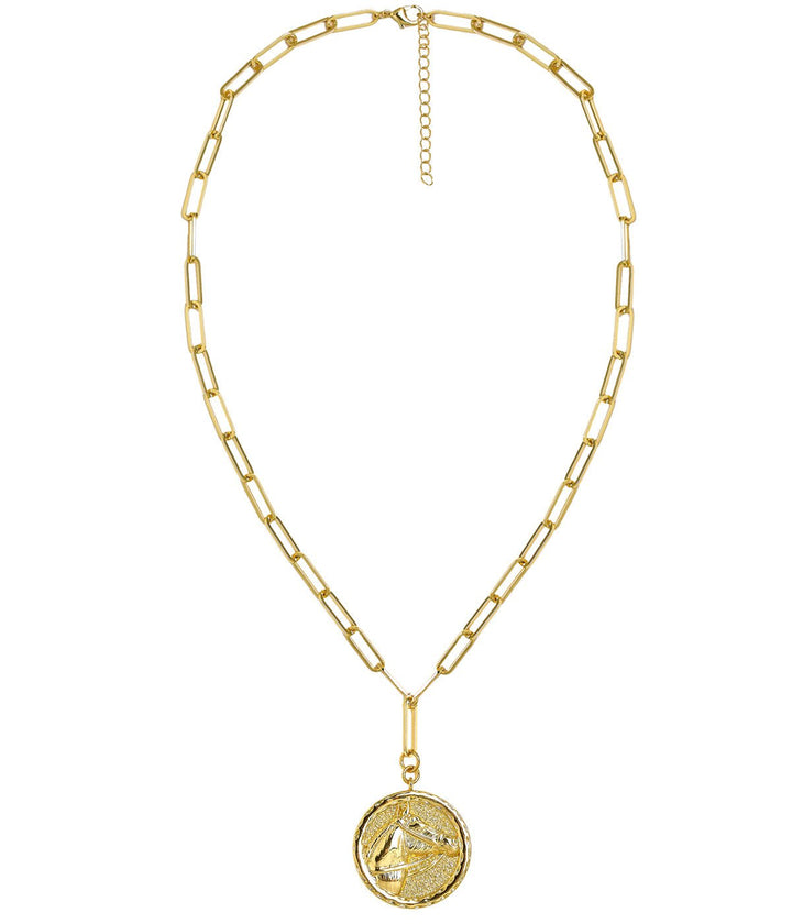 Horsehead Disc Charm Necklace - Paperclip Chain - 18k Gold Plated