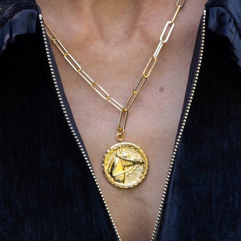 Horsehead Disc Charm Necklace - Paperclip Chain - 18k Gold Plated