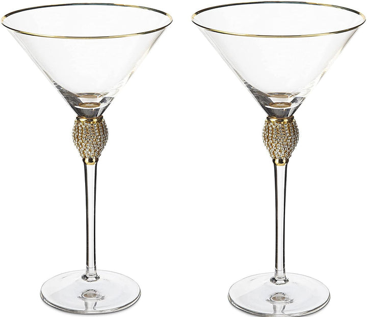 Diamond Collection 2 Piece Stemmed Martini Set - Rhinestone For Drinking Martinis, Manhattans, Vodka, Gin, Cocktails Gold Accent Cocktail Glasses, Perfect For Any Bar or Party 10oz - Swarovski Style by The Wine Savant