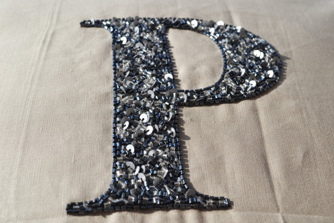 Customised Grey Sequin Monogram On Beige Linen Initial Pillow Cover by Amore Beauté