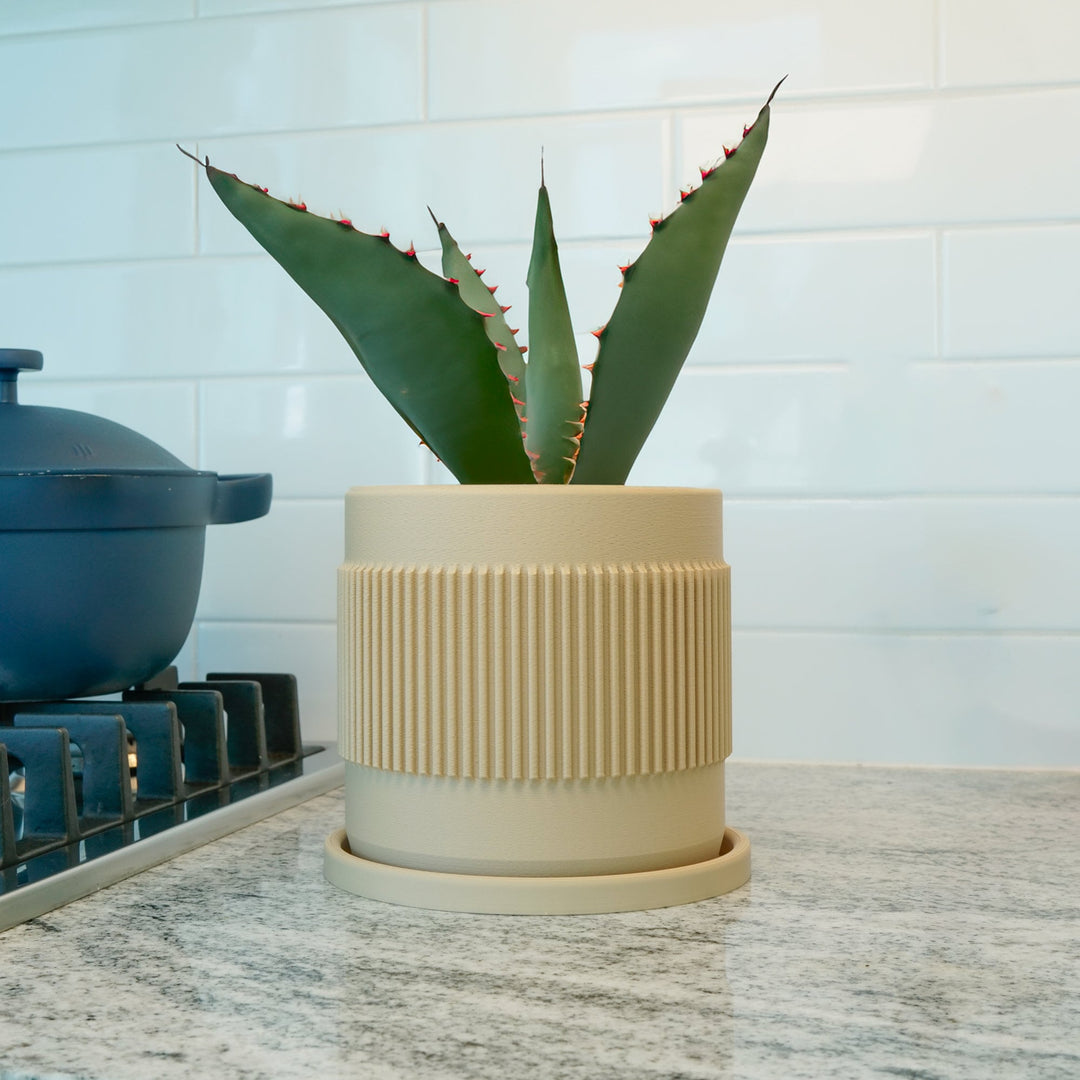 Half Mid-Century Ribbed Planter with Drainage and Saucer by Rosebud HomeGoods